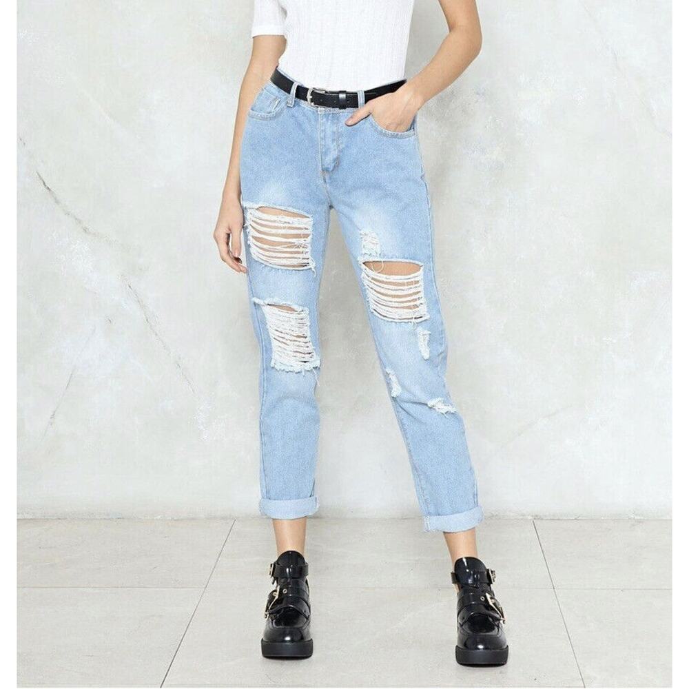 Nastygal Gemma All Over Ripped Jean Blue Size 6 Slim Cropped Light Washed - Picture 3 of 7